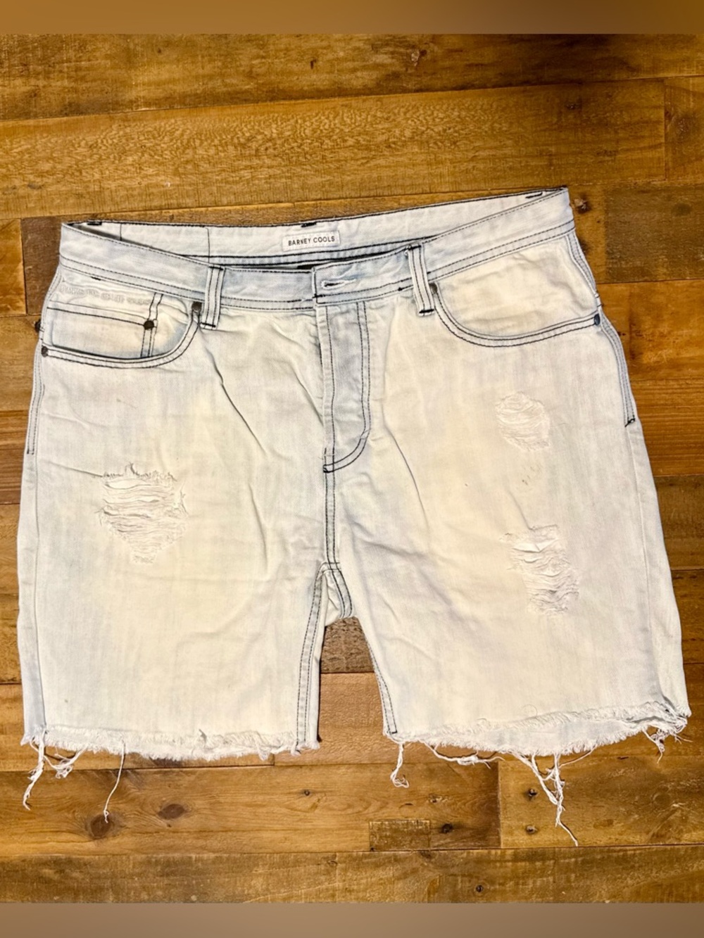 Barney Cools Men’s Washed Light Blue Distressed Denim Shorts (Size 34)